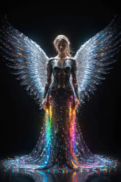 a woman in a long dress with wings and lights