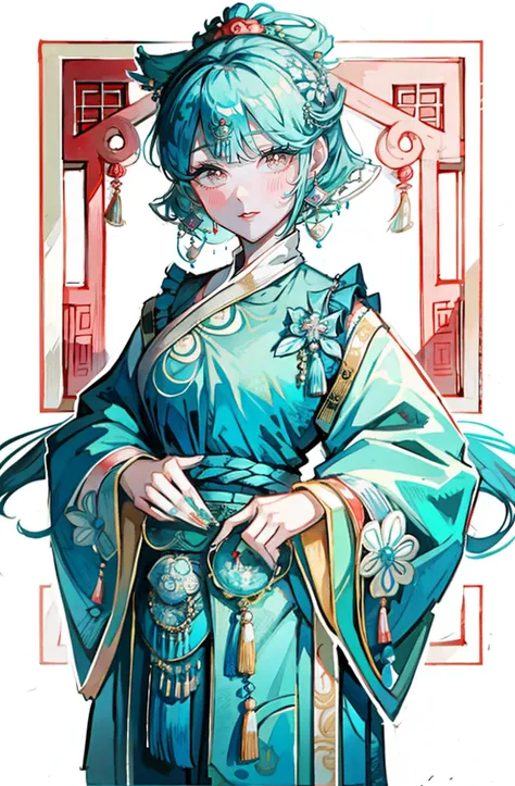 cowboy shot,a woman wearing a traditional chinese dress ,watercolor,<lora:QingChao:0.85> qingchao_dress,qingchao_haircut,qingchao_scarf,qingchao_claw,standing,chinese palace, (masterpiece) and (best quality)  ,jewelry,earrings <lora:Watercolor:1>