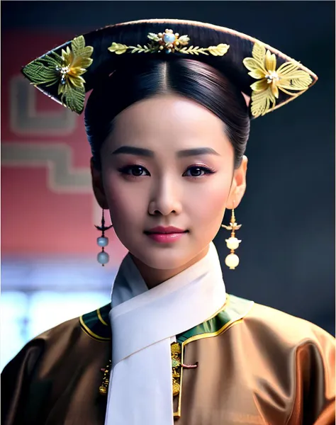 a close up of a woman wearing a traditional chinese dress