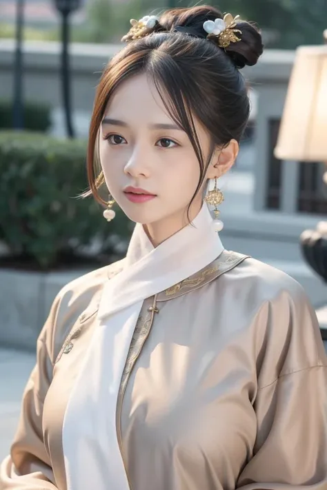 a woman wearing traditional  Chinese red clothes, golden embroidery, qingchao, (qingchao_dress, qingchao_haircut:1.3),  depth of field, night cityscape, (1girl:1.6),   long hair, ulzzang-6500v1.1, (original: 1.2), (realistic: 1.3) , beautiful girl with bea...