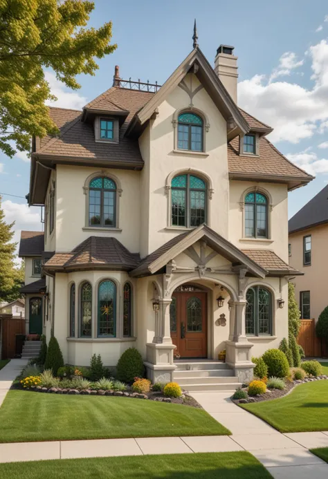 (medium full shot) of (luxurious house) with concrete cream exterior, farmhouse, green roof, stained glass windows, antique door...