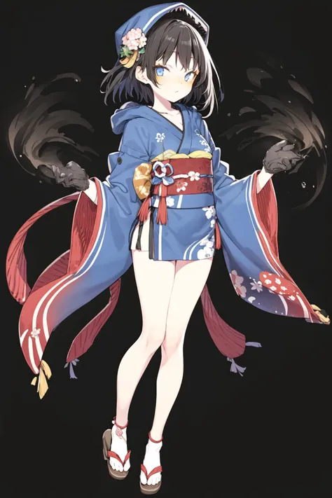 <lora:abara:1>, 1girl, solo, gloves, japanese clothes, black background, kimono, black hair, hood, sandals, full body, blue gloves, black gloves, looking at viewer, blue eyes, wide sleeves, sash, short hair, bare legs, long sleeves, half gloves