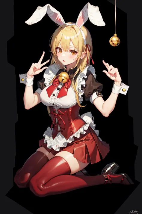 absurdres, best quality, 1girl, solo, <lyco:GoodHands-beta2:1>, blonde hair, black eyes, long hair, large breasts,  <lora:ahBunny-000120:1>, ahBunny, rabbit ears, red corset, gakuran, apron, red neck ribbon, red skirt, hair bow, short sleeves, wrist cuffs ...