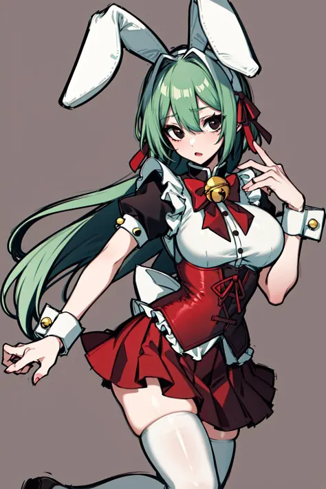 absurdres, best quality, 1girl, solo, <lyco:GoodHands-beta2:1>, green hair, black eyes, long hair, large breasts,  <lora:ahBunny-000120:1>, ahBunny, rabbit ears, red corset, gakuran, apron, red neck ribbon, red skirt, hair bow, short sleeves, wrist cuffs ,...