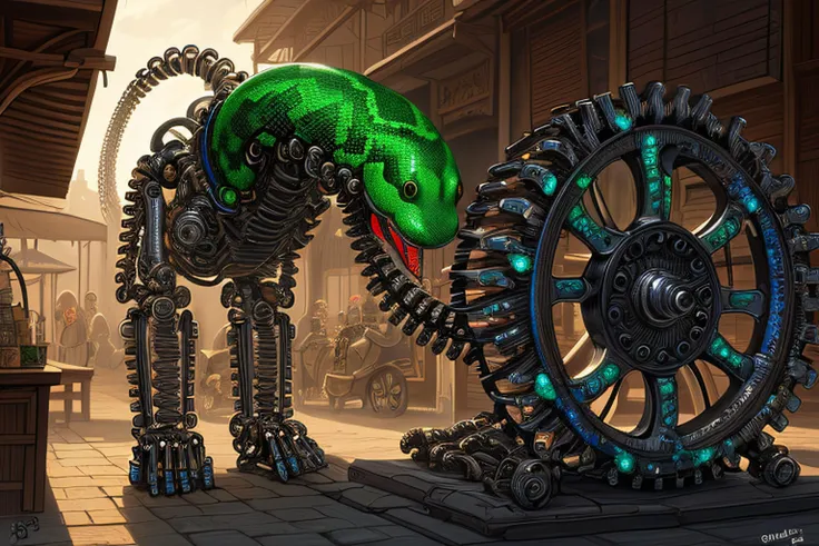 a (biomechanical:1.2) snake, vibrant colors, serpent, black and green, nature, biomechanical head, ornate, (highly detailed drawing), full body, steampunk, steel, (at the bazaar :1.12)