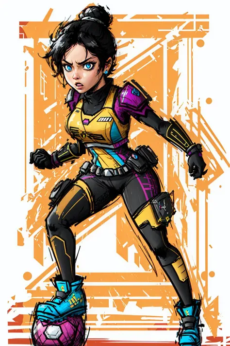 Highly detailed, High Quality, Masterpiece, (1girl, solo:1.5), Mario Striker Style, <lora:MarioStrikerStyle-06:0.8>, angry, full body, Wraith, blue eyes, black hair, short hair, bun hair, bun, <lora:Char_ApexLegends_Wraith:0.8>