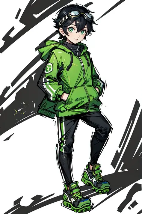 a drawing of a boy in a green jacket and black pants