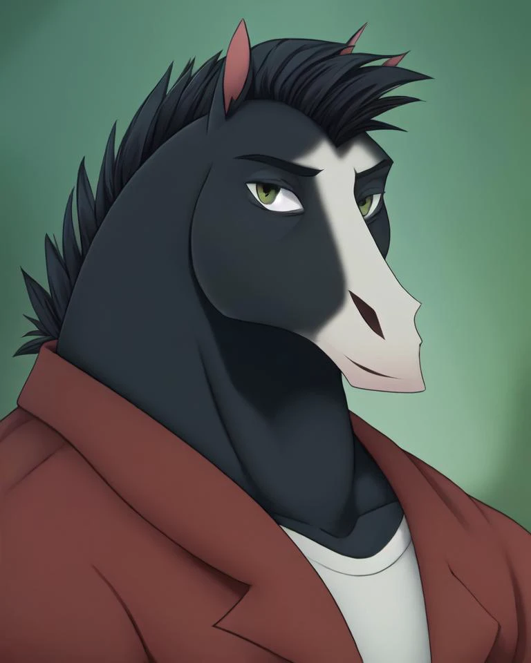 detailed anime
bust portrait, forest background, solo, anthro, male khanhorse, clothed, black fur, <lora:khanhorse:1>