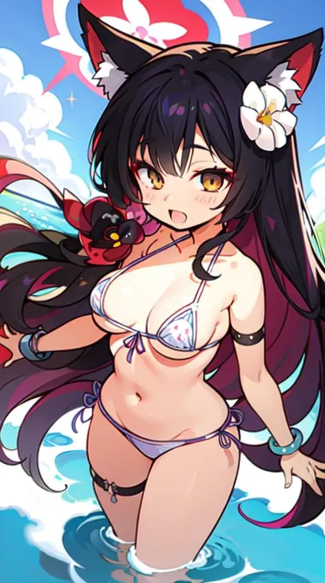 wakamo,masterpiece,highres,breasts, arms behind back,swimsuit, 1girl, bikini, white_bikini, cloud, animal_ears, blue_sky, ocean, sky, hair_ornament, water, black_hair, day, long_hair, bracelet, wading, large_breasts, jewelry, smile, looking_at_viewer, blus...