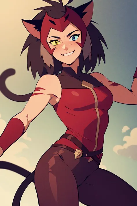 ((masterpiece,best quality)), absurdres, <lora:Catra_Shera:0.6>, Catra_Shera, cat ears, heterochromia, solo, smiling, looking at viewer, cowboy shot, cinematic composition, dynamic pose