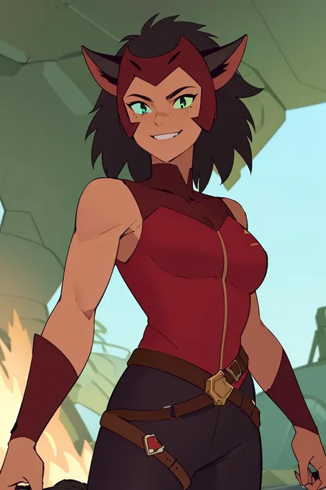 ((masterpiece,best quality)), absurdres, <lora:Catra_Shera:0.6>, Catra_Shera, solo, smiling, looking at viewer, cowboy shot, cinematic composition, dynamic pose