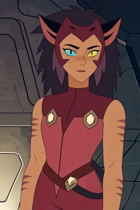 (Catra_Shera), (tail), woman, cat ears, heterochromia, yellow and blue sclera, thin body, athletic body, inside of a sci-fi ship, (realistic:1.2), (masterpiece:1.2), (full-body-shot:1),(Cowboy-shot:1.2), dark romantic lighting, (highly detailed:1.2),(detai...