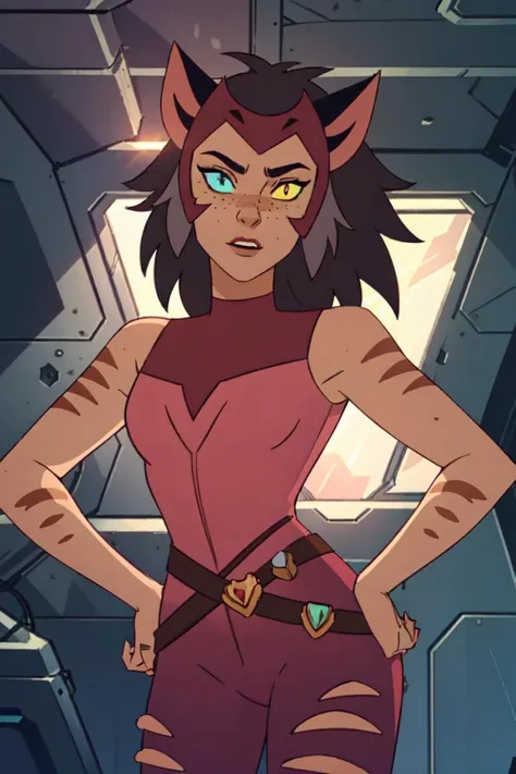 (Catra_Shera), woman, cat ears, heterochromia, yellow and blue sclera, thin body, athletic body, inside of a sci-fi ship, (realistic:1.2), (masterpiece:1.2), (full-body-shot:1),(Cowboy-shot:1.2), dark romantic lighting, (highly detailed:1.2),(detailed face...