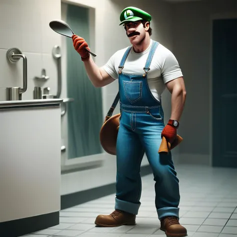 score_9, score_8_up, score_7_up, score_6_up, score_5_up, score_4_up, rating_safe,source_photorealistic,luigi wearing a shirt and a hat and overalls and pants and holding a plunger in a bathroom,1man,full body,<lora:PhotorealponyXLV5:0.8>