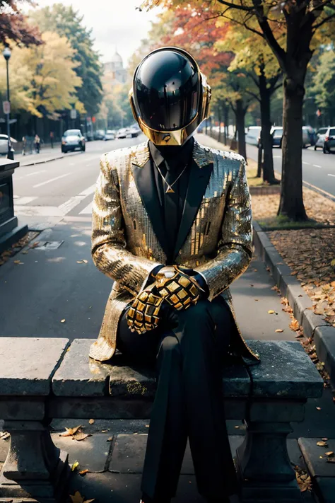 solo, (guyman of daft punk:1.1), man in a (gold helmet),wearing a tuxedo, looking at viewer, 
sitting, on stone bench, legs crossed, outside, park, trees, autumn, overcast, extreme detail, hdr, beautiful quality, <lora:diffusiondesign_DaftPunk_V1-08:.8>