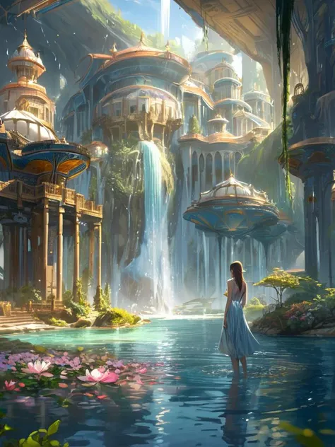 2girls,(masterpiece:1.2),best quality,multicolored,masterpiece,best quality,((an extremely delicate and beautiful)),floating,(detailed wet clothes),(detailed light),feather,nature,(sunlight),river,floating palace,beautiful and delicate water,(bloom),(shine...