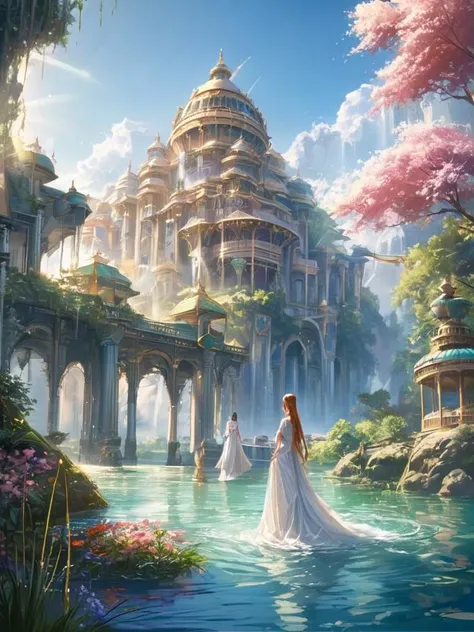 2girls,(masterpiece:1.2),best quality,multicolored,masterpiece,best quality,((an extremely delicate and beautiful)),floating,(detailed wet clothes),(detailed light),feather,nature,(sunlight),river,floating palace,beautiful and delicate water,(bloom),(shine...