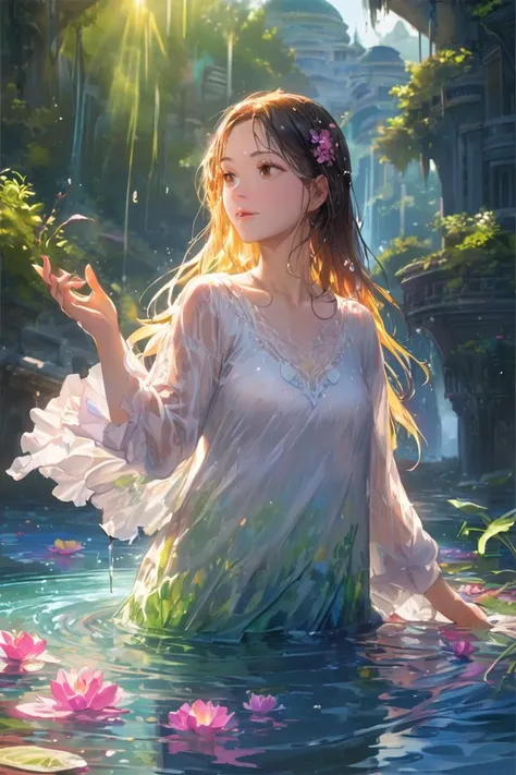 (masterpiece:1.2),best quality,Colorful portraits,multicolored,masterpiece,best quality,((an extremely delicate and beautiful)),floating,(detailed wet clothes),(detailed light),feather,nature,(sunlight),river,floating palace,beautiful and delicate water,(b...