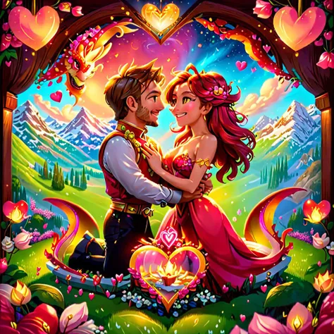 a couple in a fairy land with flowers and hearts