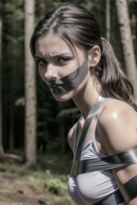 arafed woman with a tape around her mouth and a black band around her mouth