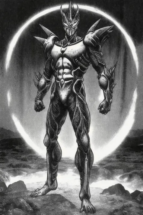 illustration,
guyver,
tall slim person,
horror,
sound,
black eye sockets,
dark armor,
bio-suit,
sharp armor plates,
armor skirt,
gloves,
full colored,
standing,
action pose,
white and black colors,
red sun background,
looking at viewer,
dynamic light, 
ult...