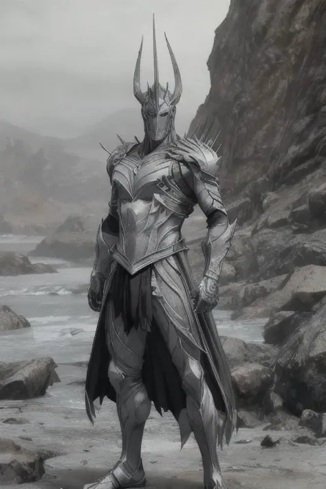 a close up of a person in armor standing on a rocky beach