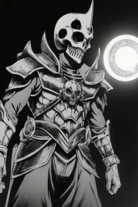 illustration,
humanoid monster,
skull helmet,
empty eye sockets,
fantasy armor,
ghoul armor,
light gray color,
clawed gloves,
energy body,
fear aura,
black white colors,
monochrome,
by pencil,
standing,
looking at viewer,
arena background,
dynamic light, u...