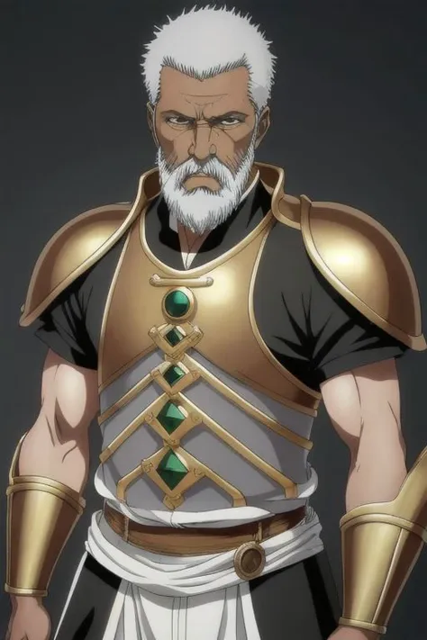 illustration,
tall muscular person,
dark skin,
an elderly person,
pronounced cheekbones,
square face,
green eyes,
short grey hair,
short grey beard,
bronze armor,
bronze shoulder pads,
red yellow and black colors,
black mist background,
looking at viewer,
...