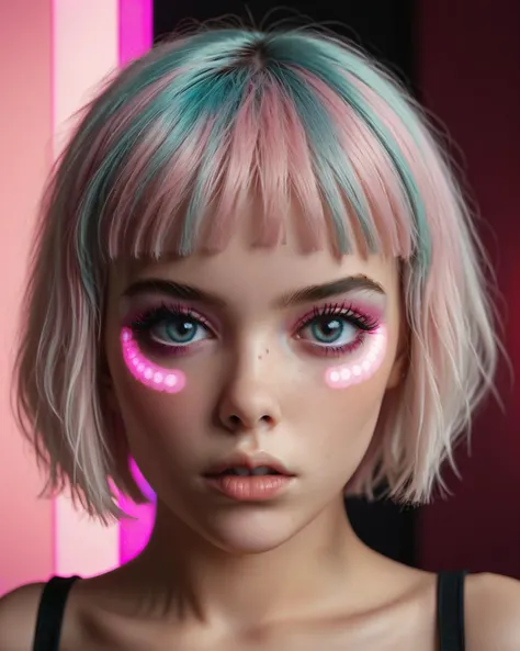 A cute dj woman with short white and pink melire hair and bangs, her eyes have three colored circles in the center of them like laser beams. heavy makeup, The background color is pink, in the style of Leica Camera and sony lens.
 <lora:Corvina_LoRa:1> <lor...