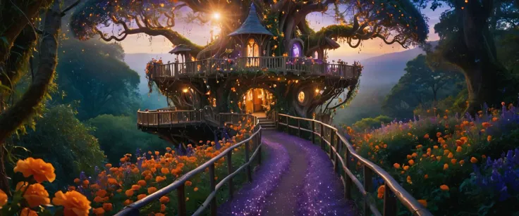 a tree house in the middle of a field of flowers