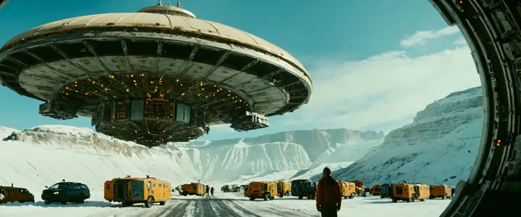 arafed flying saucer in the middle of a snowy field