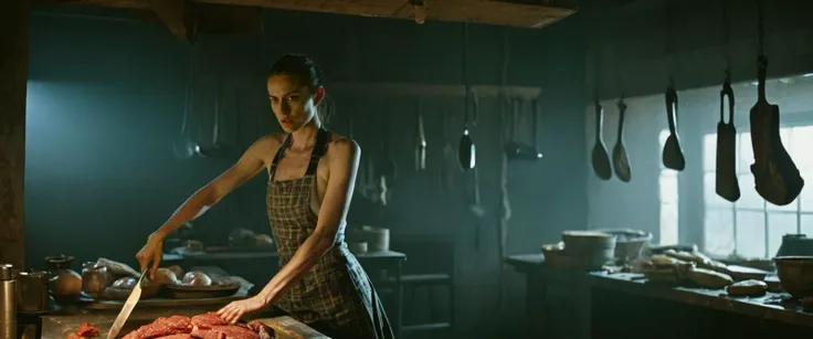 RAW, empathic movie still of a ultra-sharpness, dark fantasy, ultra detailed, a skinny woman with a gorgeous attitude, whimsical, eerie, vivid life, intricate butcher room, action pose, epic scene, dramatic lighting,  mysterious, cinematic, pale skin, impe...