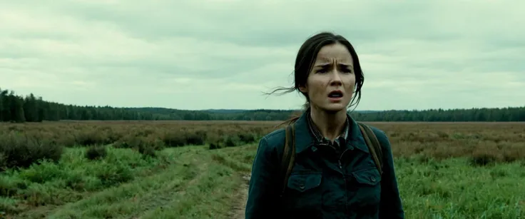 a woman standing in a field with a backpack on her back