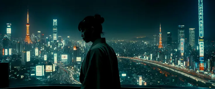 arafed view of a city at night with a man looking out a window