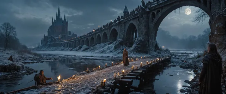 a group of people standing on a bridge next to a river