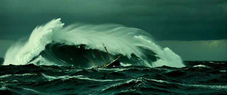 arafed sailboat in rough ocean with huge wave in background