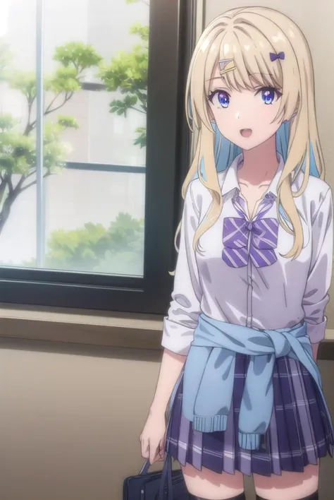 anime girl in school uniform standing in front of a window