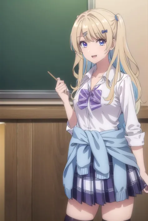 anime girl in school uniform holding a stick in front of a chalkboard