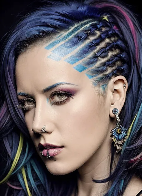 portrait of sks woman by Flora Borsi, style by Flora Borsi, bold, bright colours, rainbow Mohawk haircut, ((Flora Borsi)), <lora:locon_alissawhitegluz_v1_from_v1_64_32:1.25>