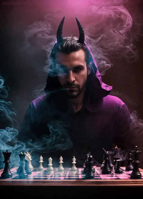 arafed man in a purple hoodie playing chess with a demon