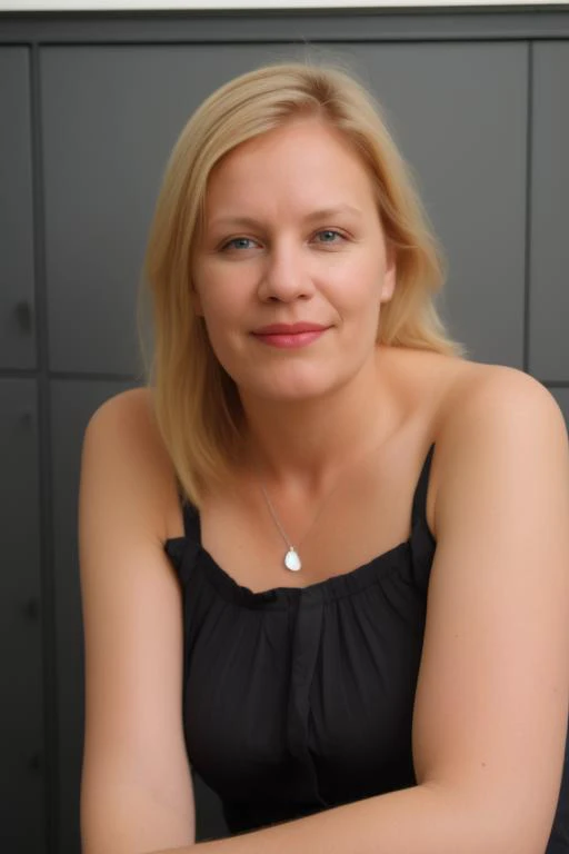 blond woman in black dress sitting on a chair with her arms crossed