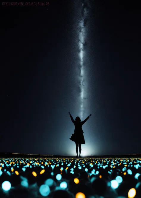 a woman standing in a field of glowing lights with her arms up