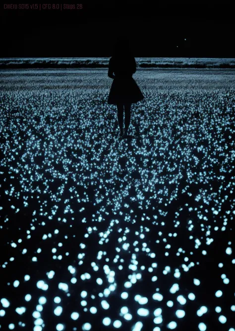 a woman standing in a field of glowing lights