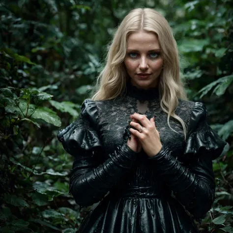 blond woman in black dress standing in forest with hands folded