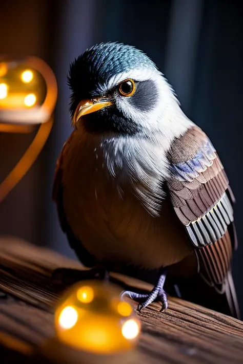 there is a bird that is sitting on a wooden table