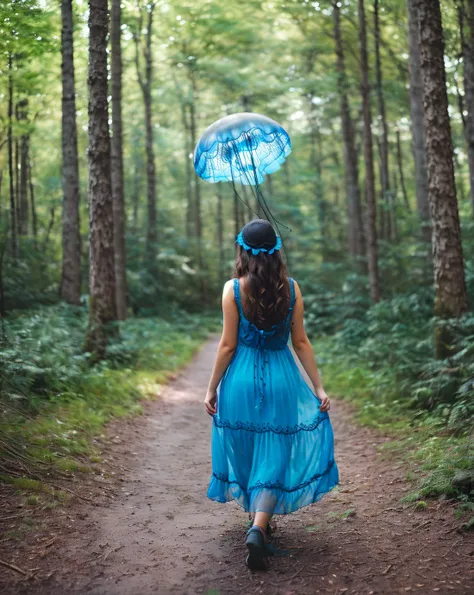 araffe woman in a blue dress walking down a path with an umbrella