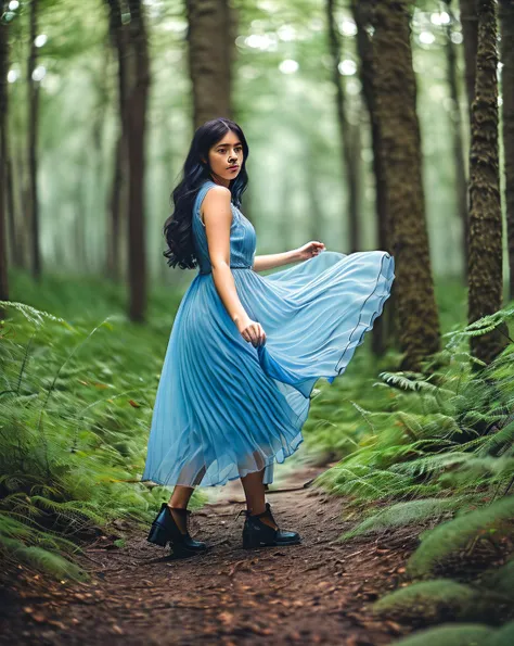 arafed woman in a blue dress walking through a forest