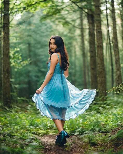 a woman in a blue dress walking through a forest