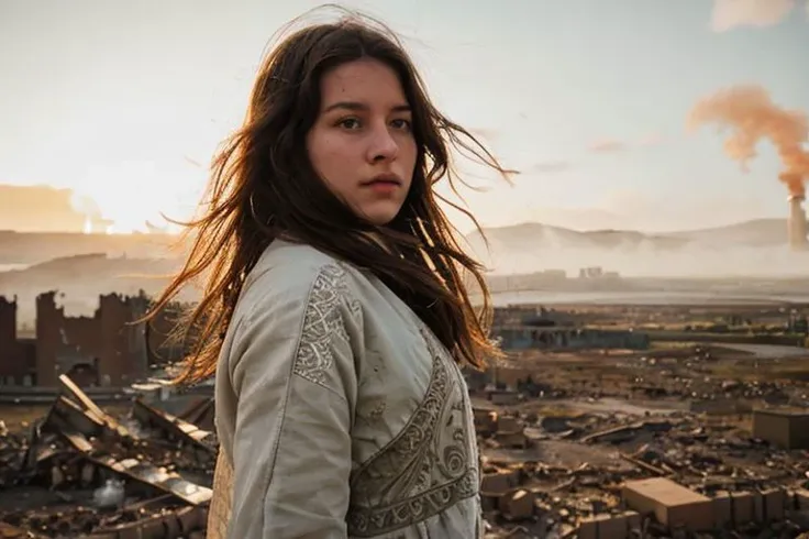 a woman standing in front of a city with a lot of buildings