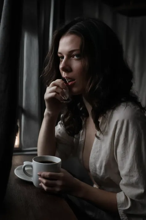 arafed woman sitting at a table with a cup of coffee